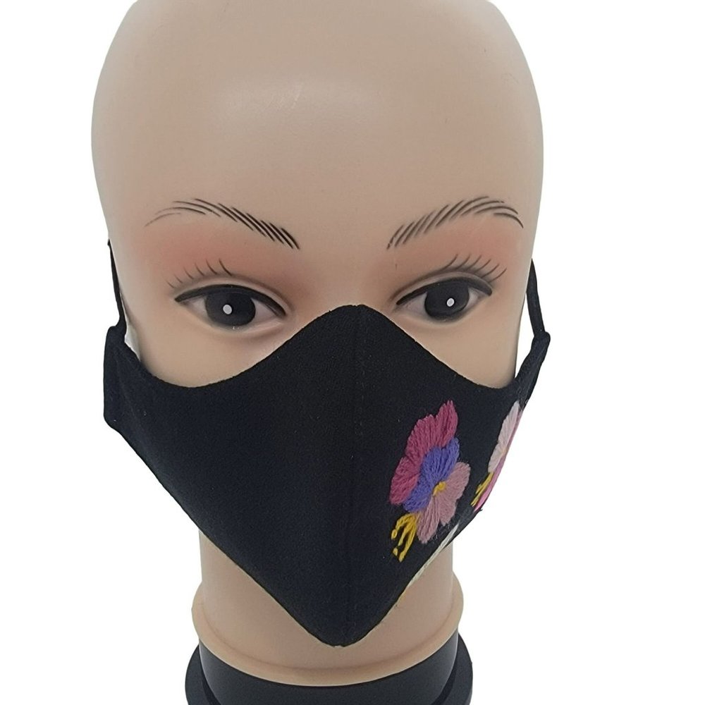 New Cover Face ear loop Women Black Mask Embroidered handmade big Flowers roses - Picture 2 of 5